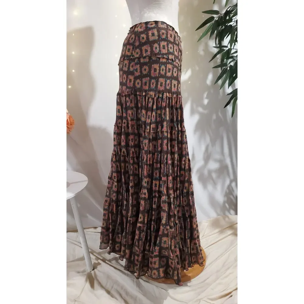 Vtg Jones New York 100% Silk Boho Floral Print Tiered Maxi Hippie Skirt Size 8 - Picture 3 of 11